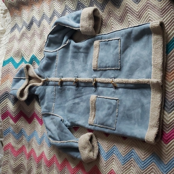 Dusty blue shearling faux leather parka size medium with toggles hooded medium - Picture 1 of 11